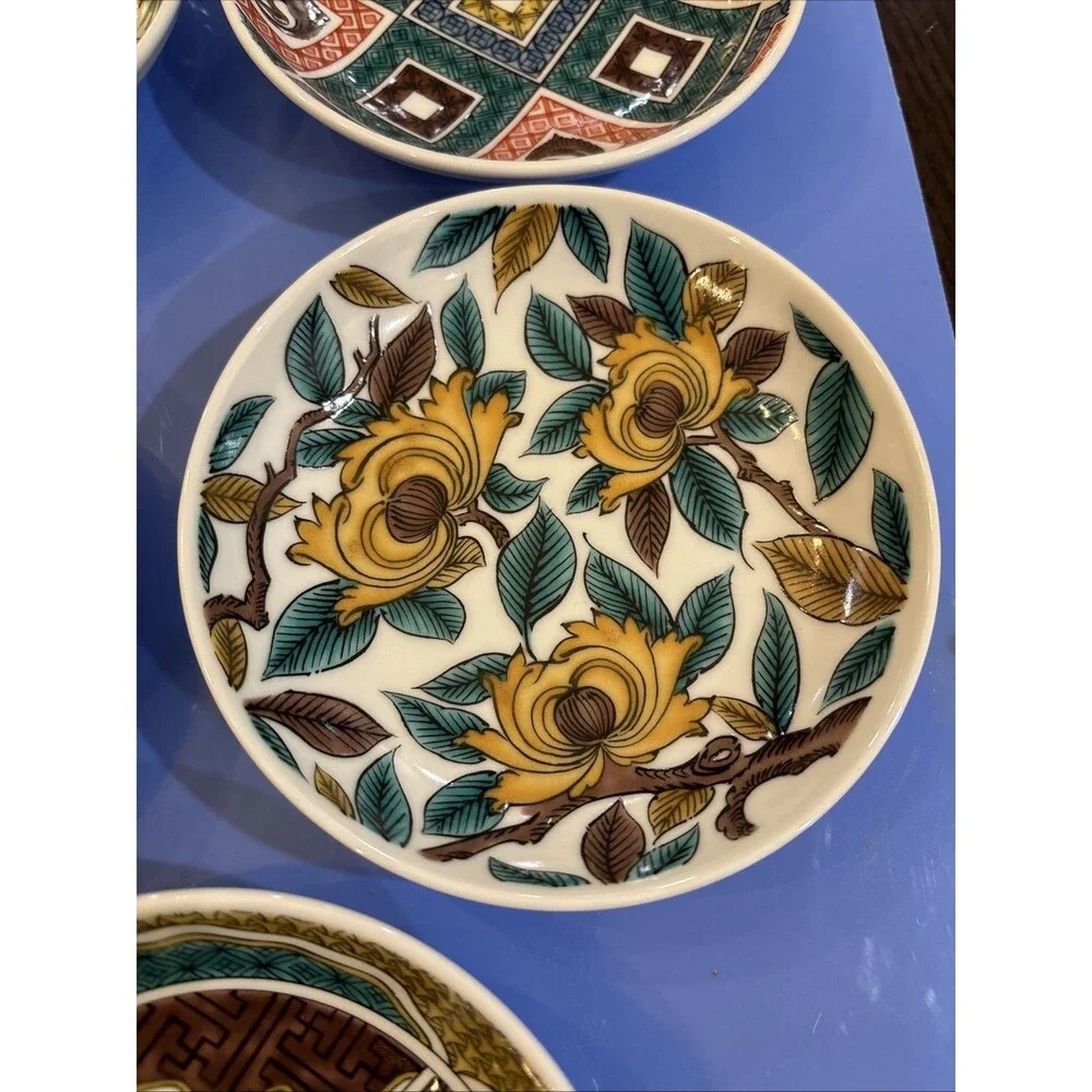 Japanese Kutani Ware Ko Kutani 5 Plate Set Birds Floral Original Box